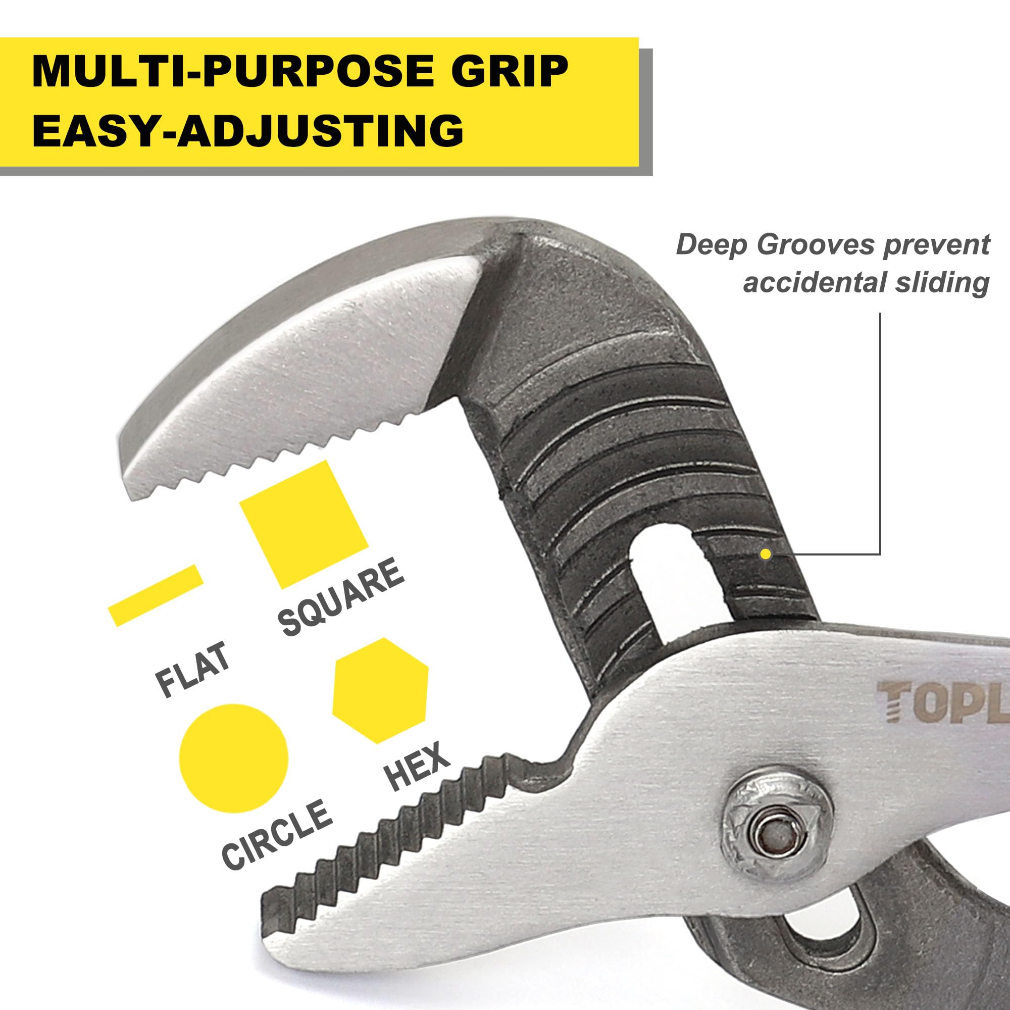 Topline 8-inch tongue and groove pliers with precision jaws for durable gripping.