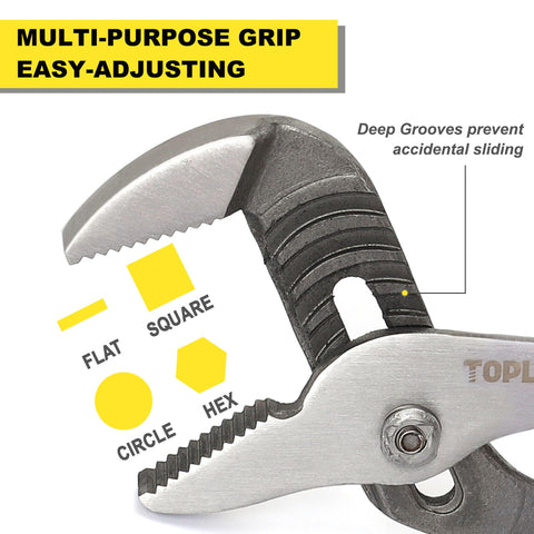 Topline 8-inch tongue and groove pliers with precision jaws for durable gripping.