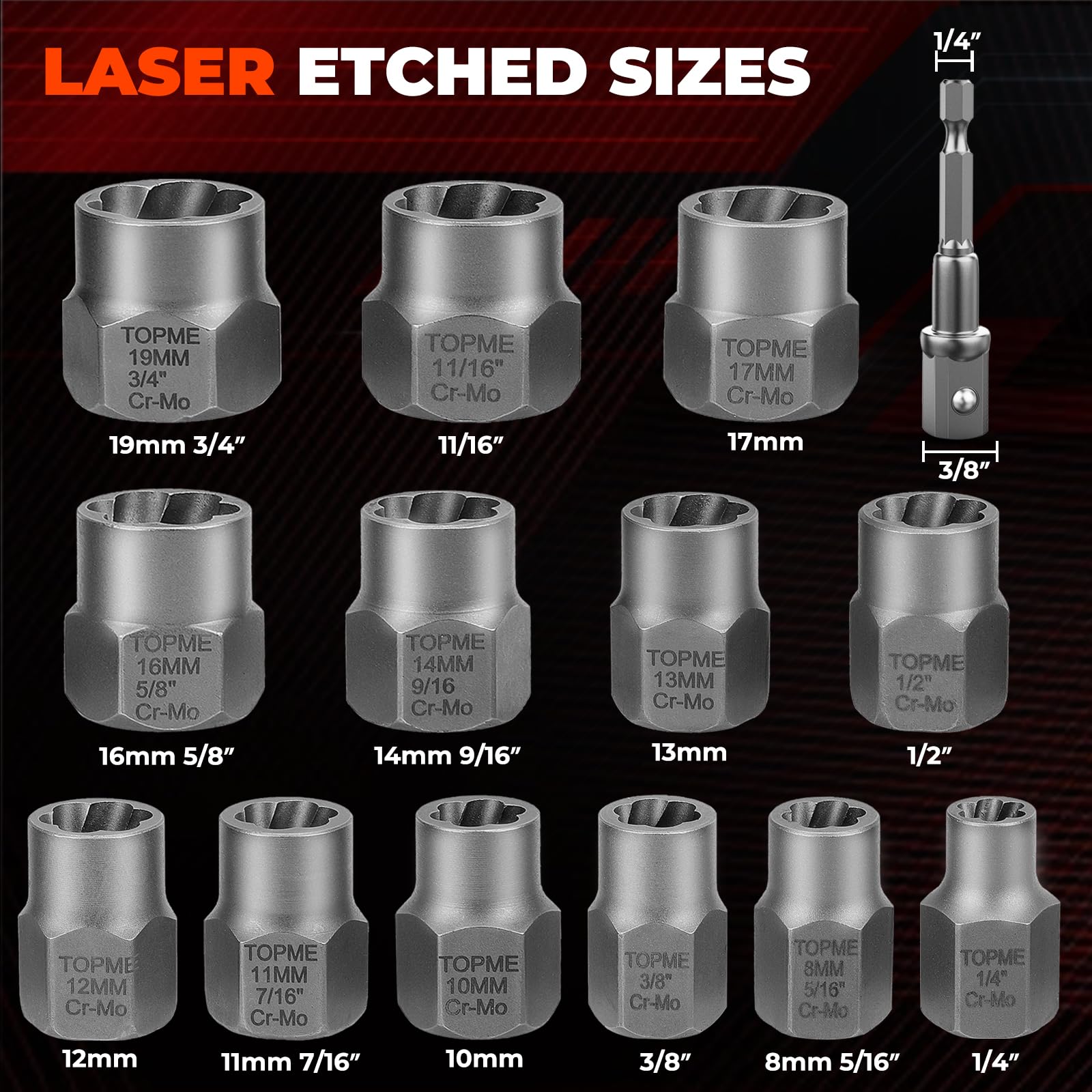 TopMe CR-MO steel extractors with reverse-spiral teeth bite deeper on stubborn bolts.