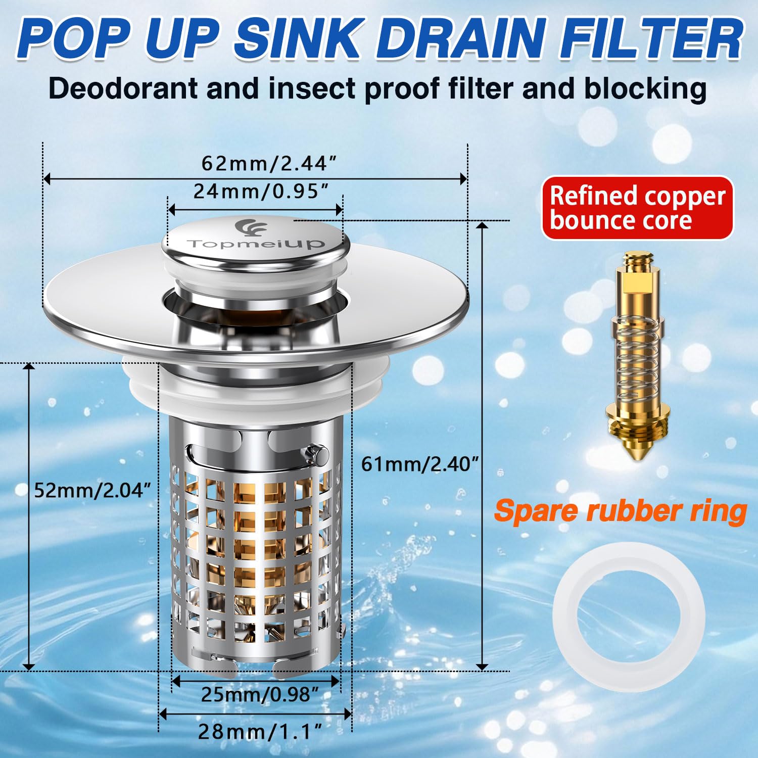 TopmeiUP removable stainless steel basket traps hair and debris.