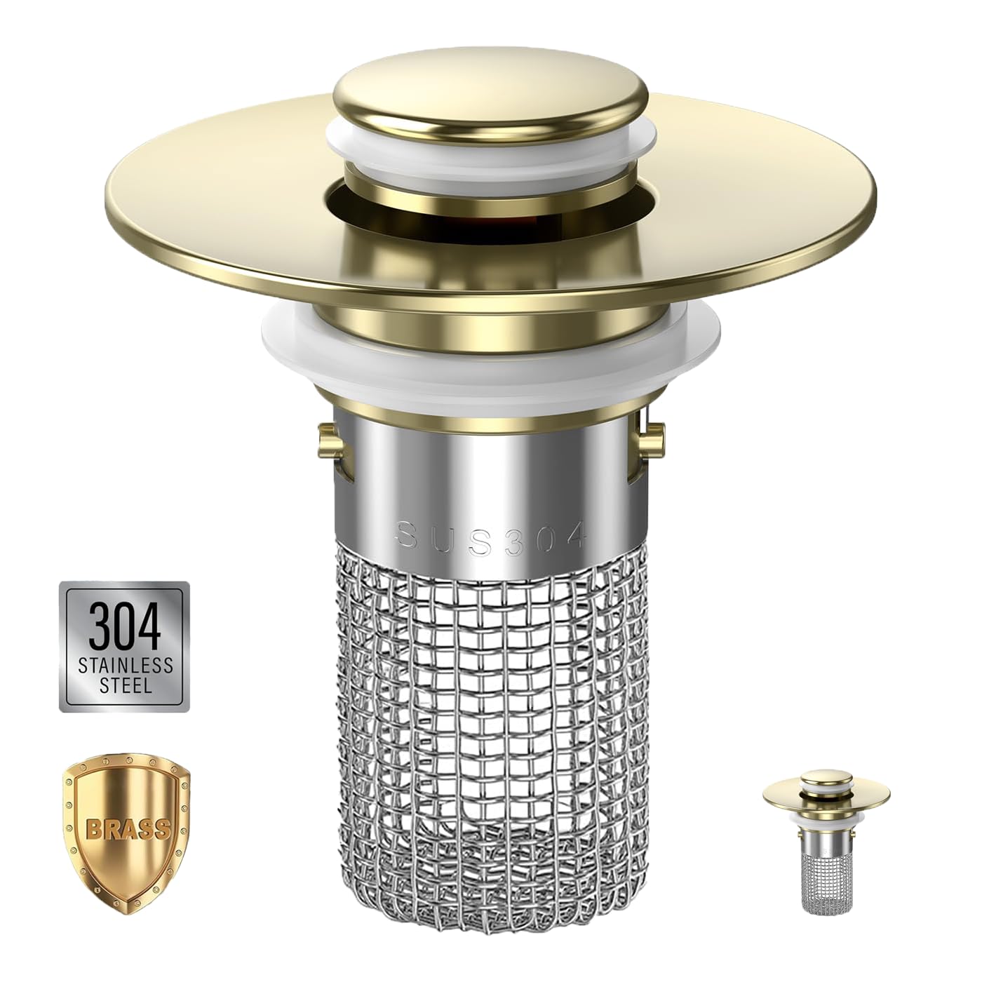 TopmeiUP sink stopper brushed-gold close-up shows durable brass core for longevity