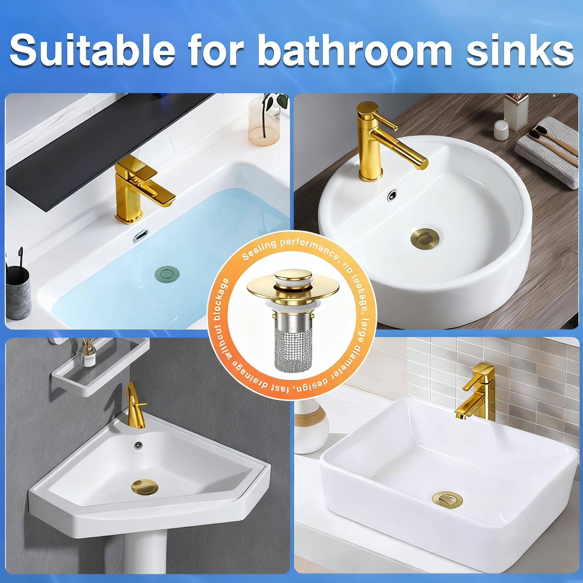TopmeiUP sink stopper easy installation for common bathroom sink holes