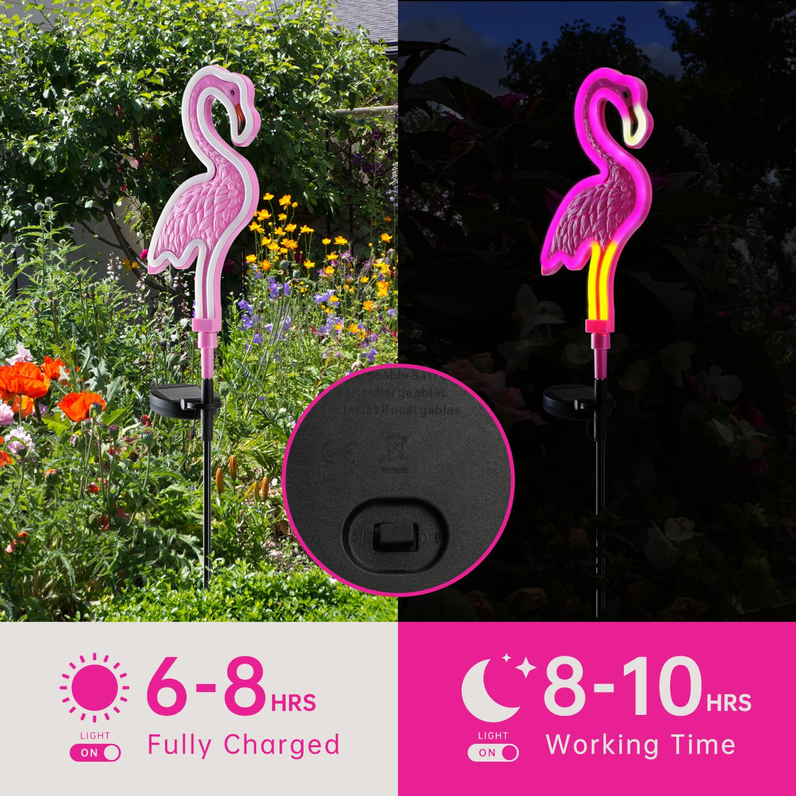TopRuifeng pink neon flamingo lights along a garden path.