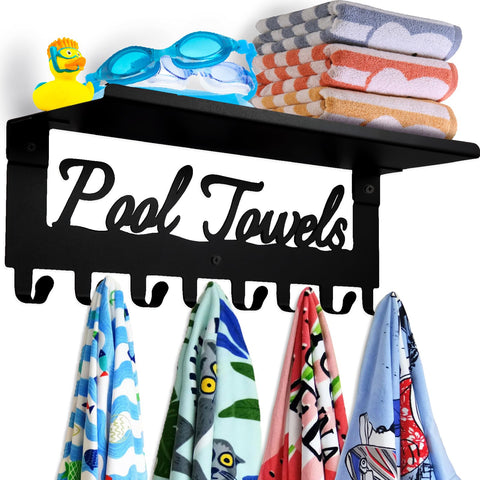 Topspeeder pool towel rack with shelf and eight hooks keeps poolside essentials organized.