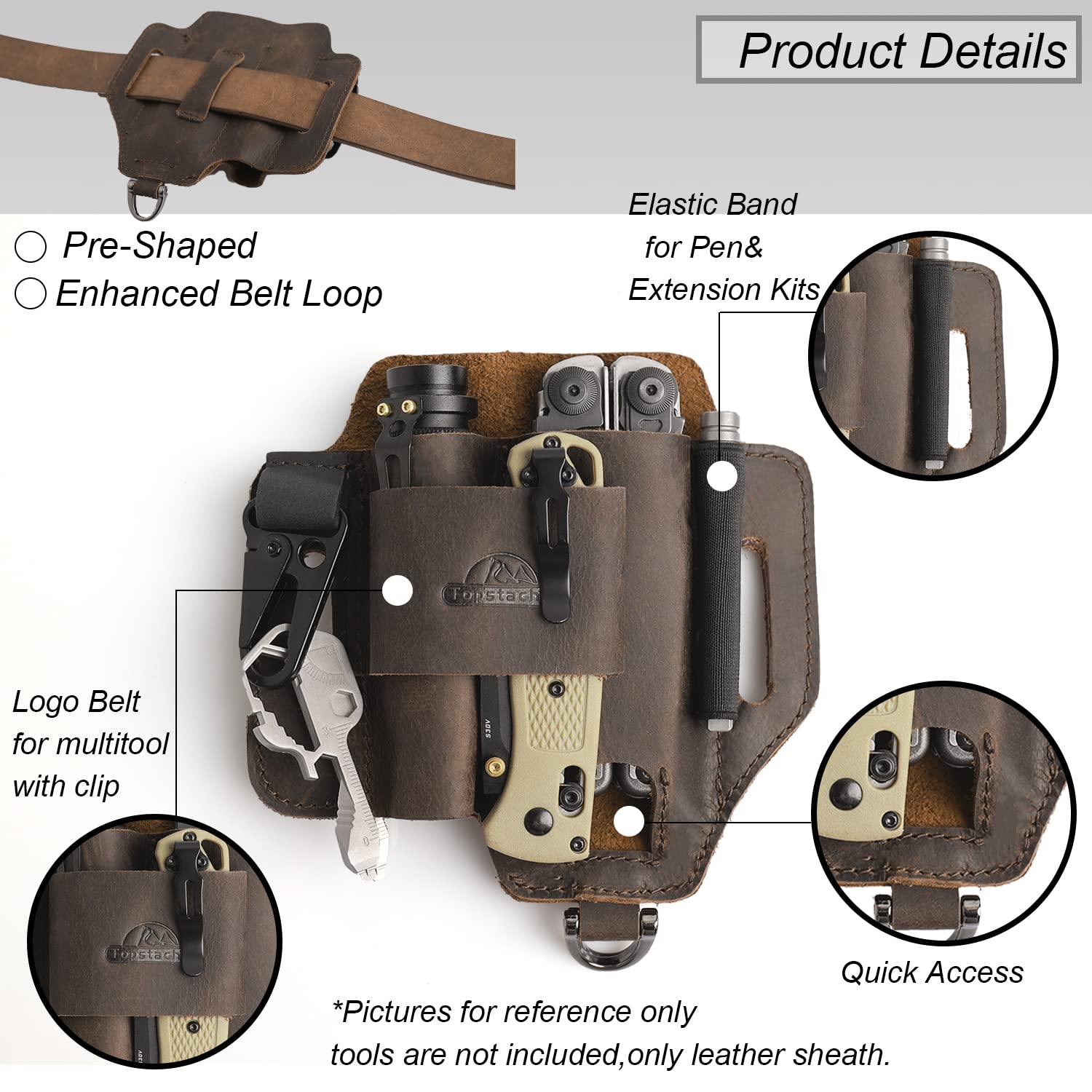 Topstache back belt loop prevents bunching while wearing and keeps tools secure