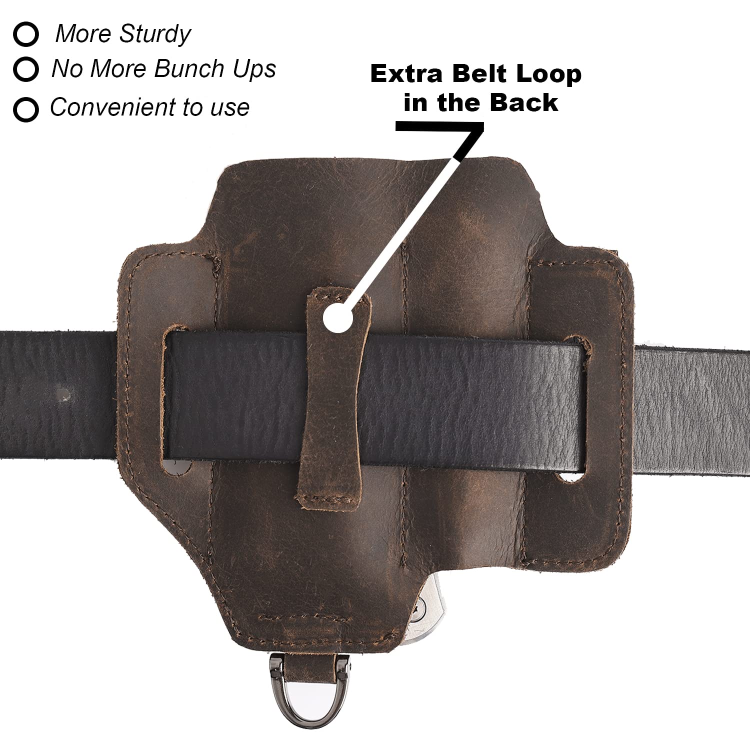 Topstache belt loop leather sheath highlights durable stitching and premium crazy horse leather
