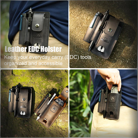 Topstache leather multitool pouch featuring a snap flap for added security