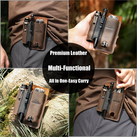 Topstache leather multitool pouch three-pocket layout for organized EDC gear
