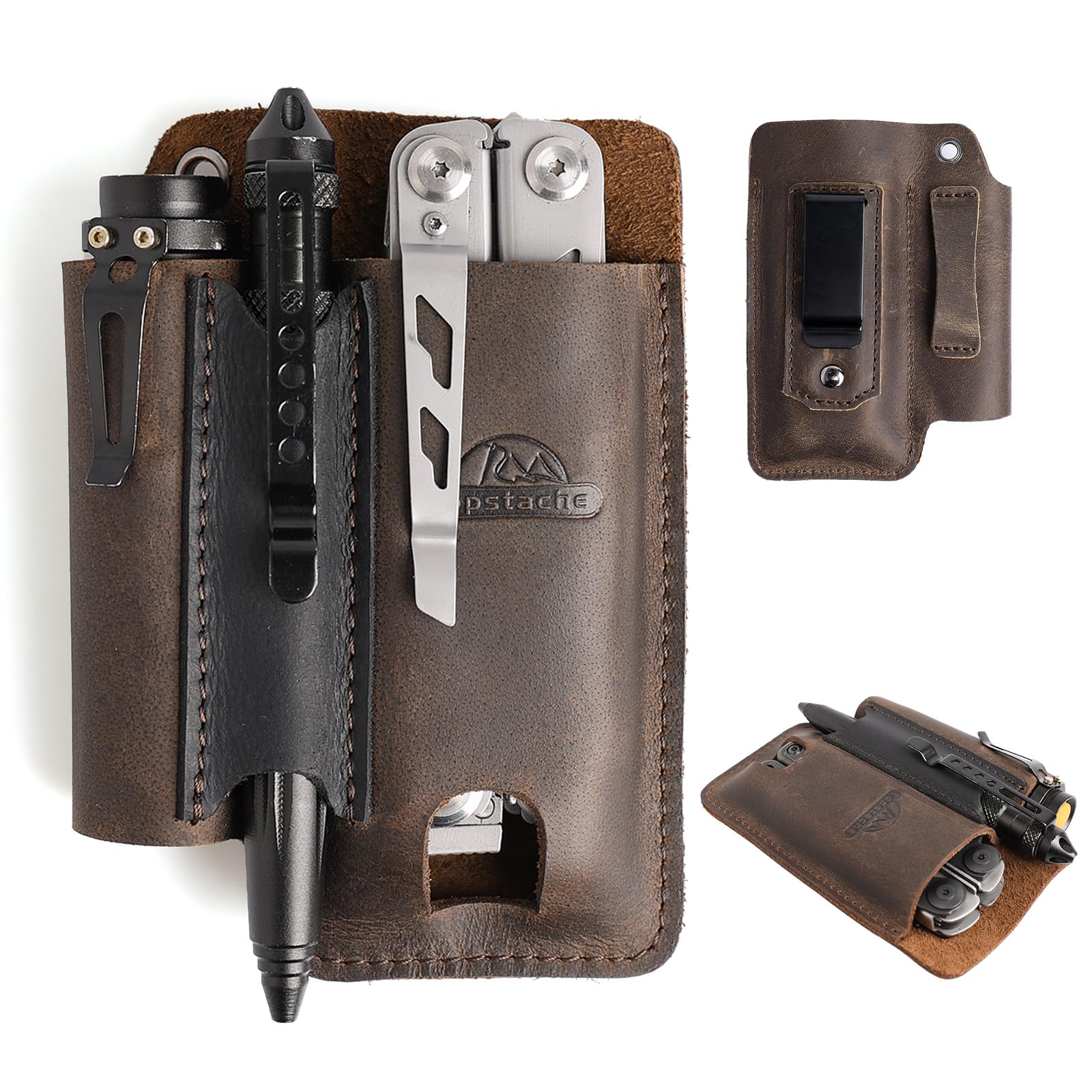 Topstache leather multitool sheath close-up showing durable stitching for daily carry