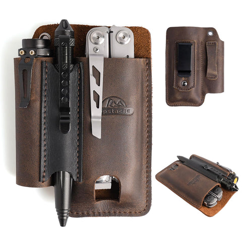 Topstache leather multitool sheath close-up showing durable stitching for daily carry