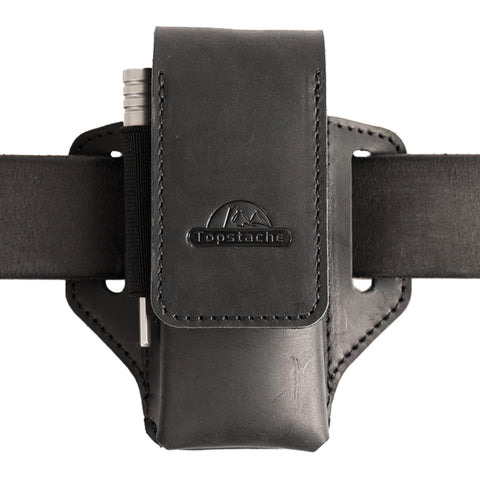 Topstache leather multitool sheath on belt with secure magnetic closure