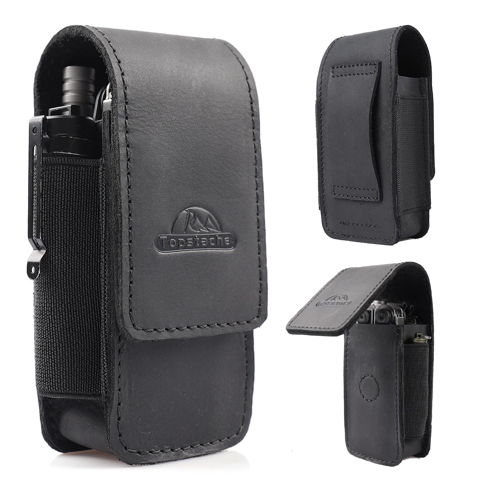 Topstache leather multitool sheath on belt shows compact fit for daily carry