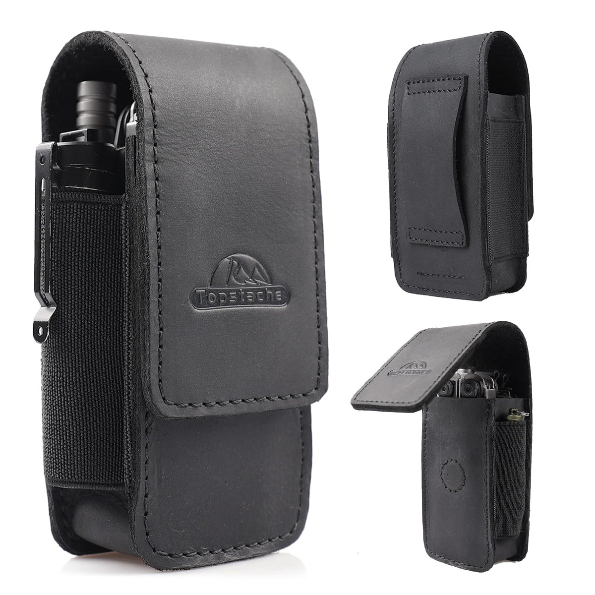 Topstache leather multitool sheath on belt shows compact fit for daily carry