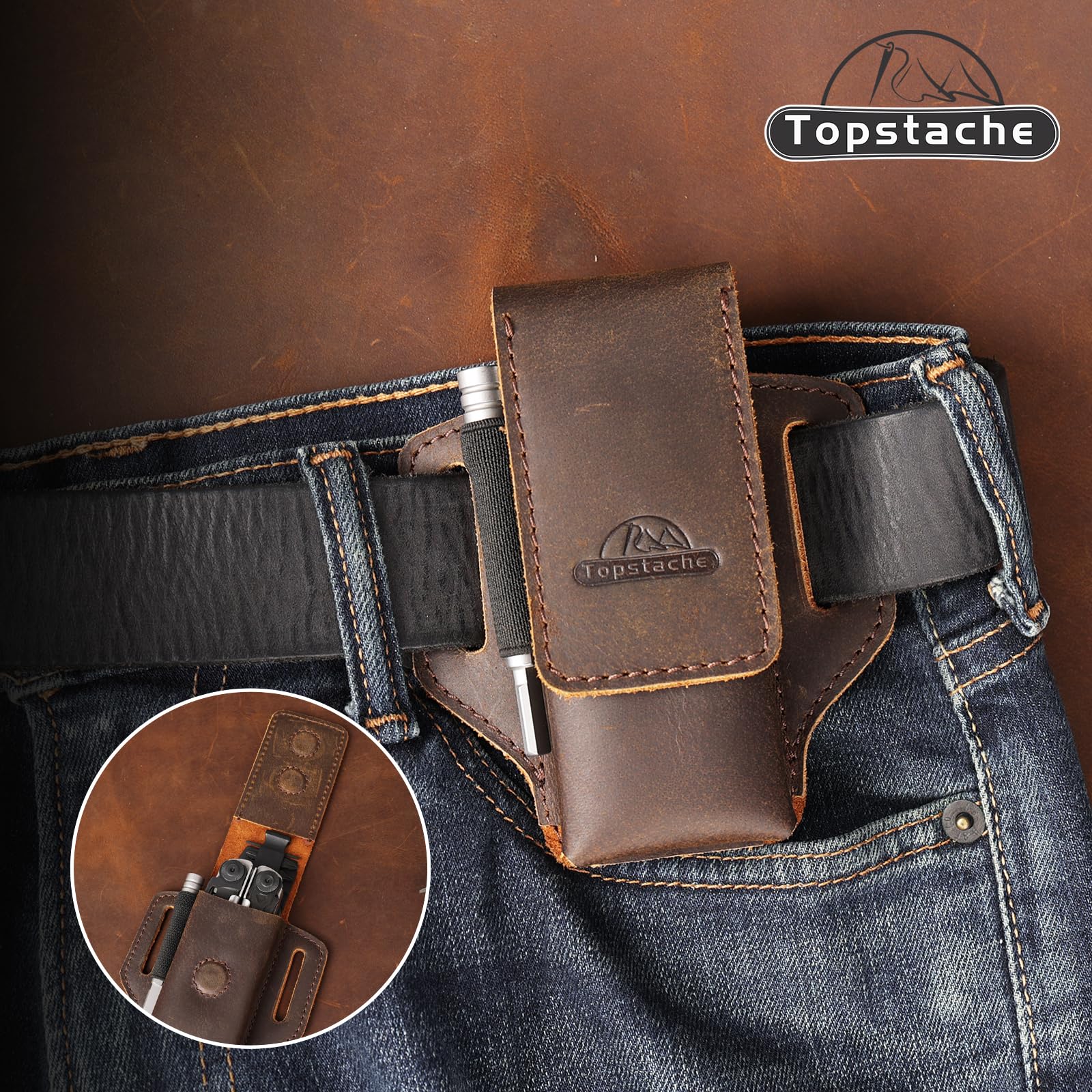 Topstache leather multitool sheath magnetic closure close-up showing adjustable flap.