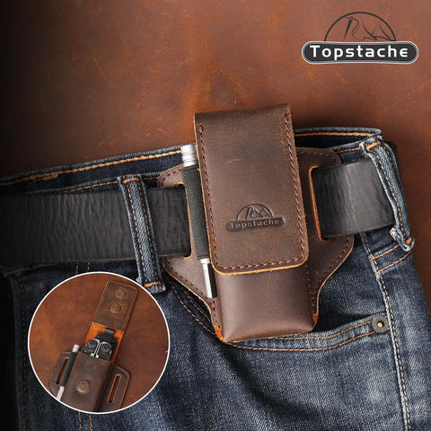 Topstache leather multitool sheath magnetic closure close-up showing adjustable flap.
