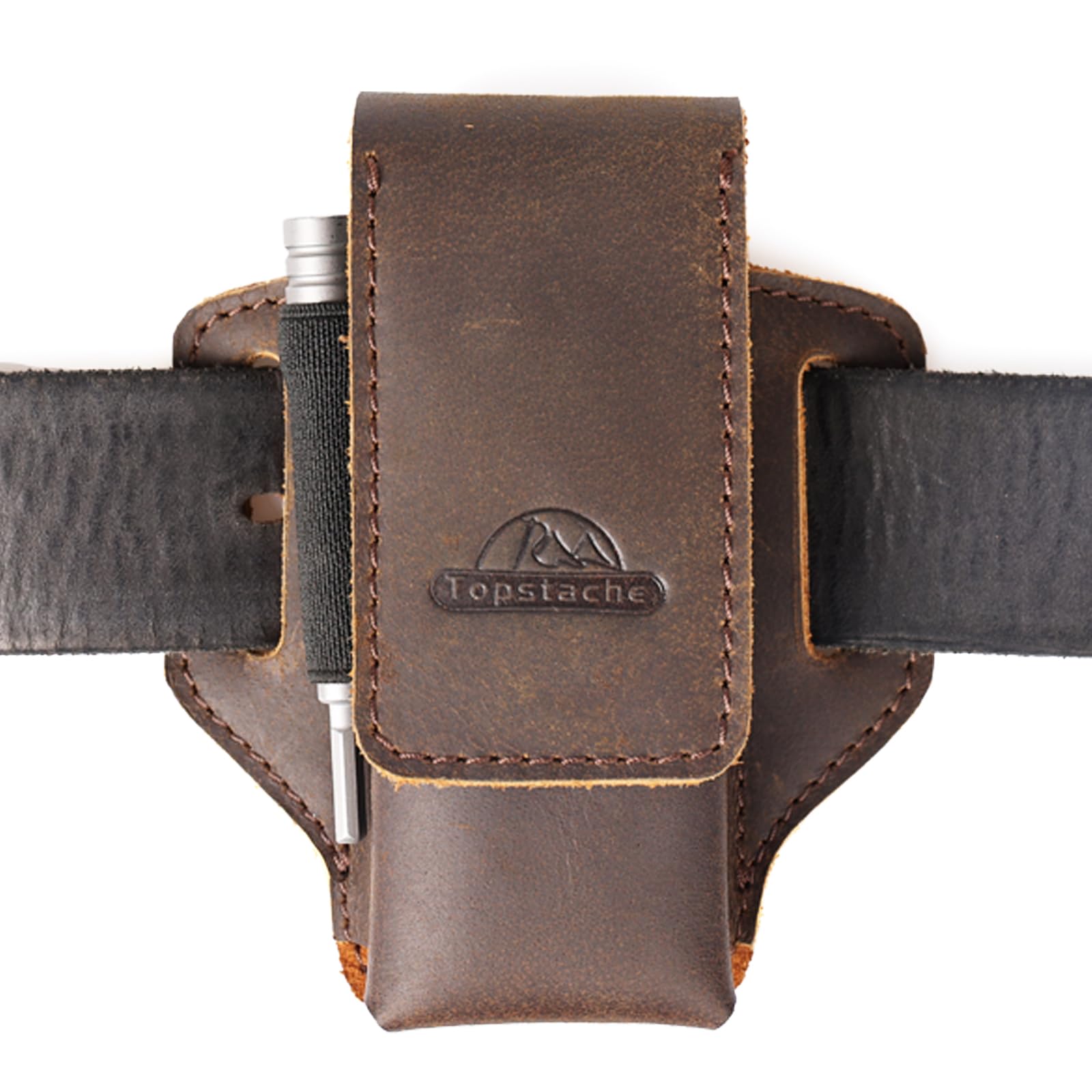 Topstache leather multitool sheath dark brown outer view with belt clip for secure daily carry.