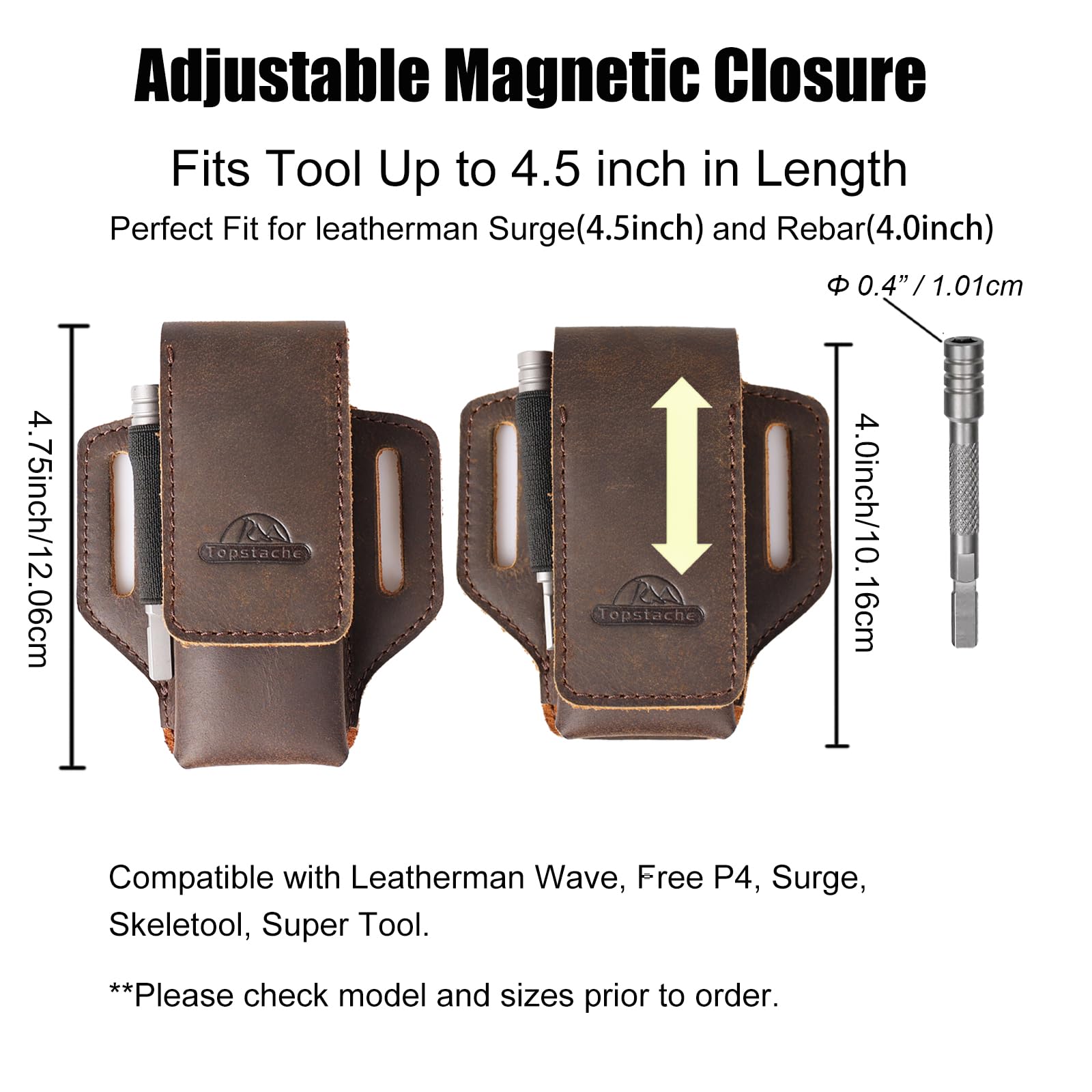 Topstache leather multitool sheath worn on belt for organized everyday carry.