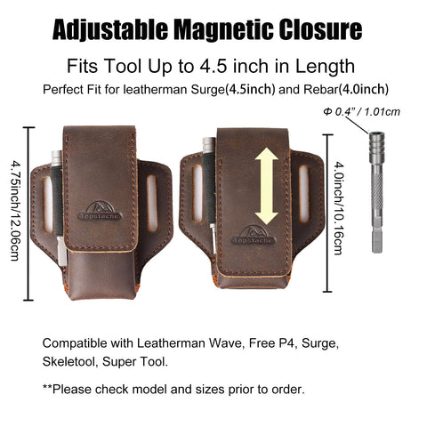 Topstache leather multitool sheath worn on belt for organized everyday carry.
