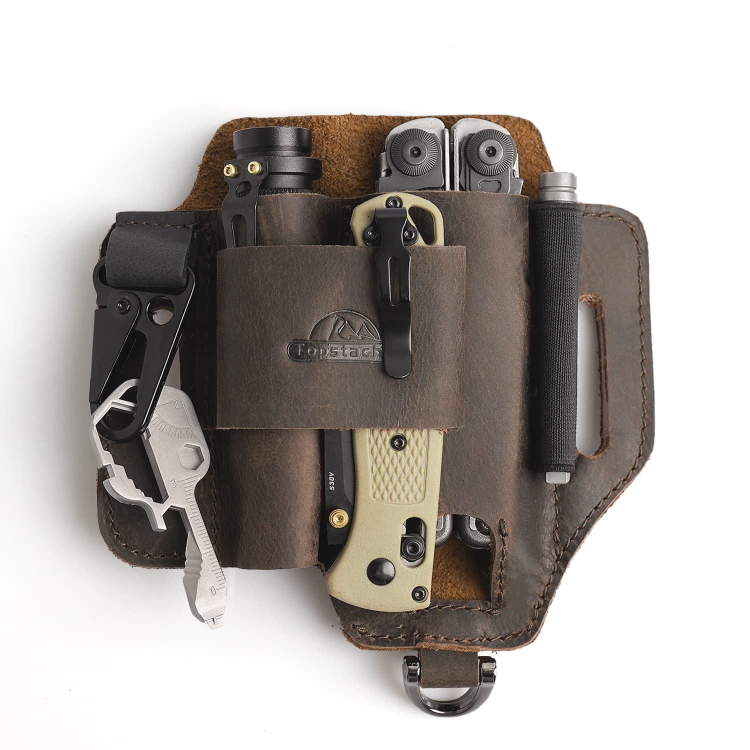 Topstache leather multitool sheath on belt with organized EDC pockets for quick access