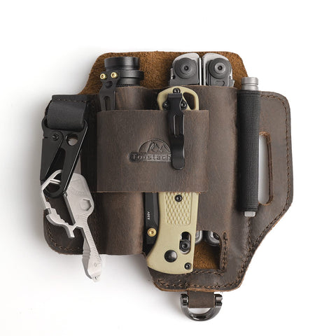 Topstache leather multitool sheath on belt with organized EDC pockets for quick access