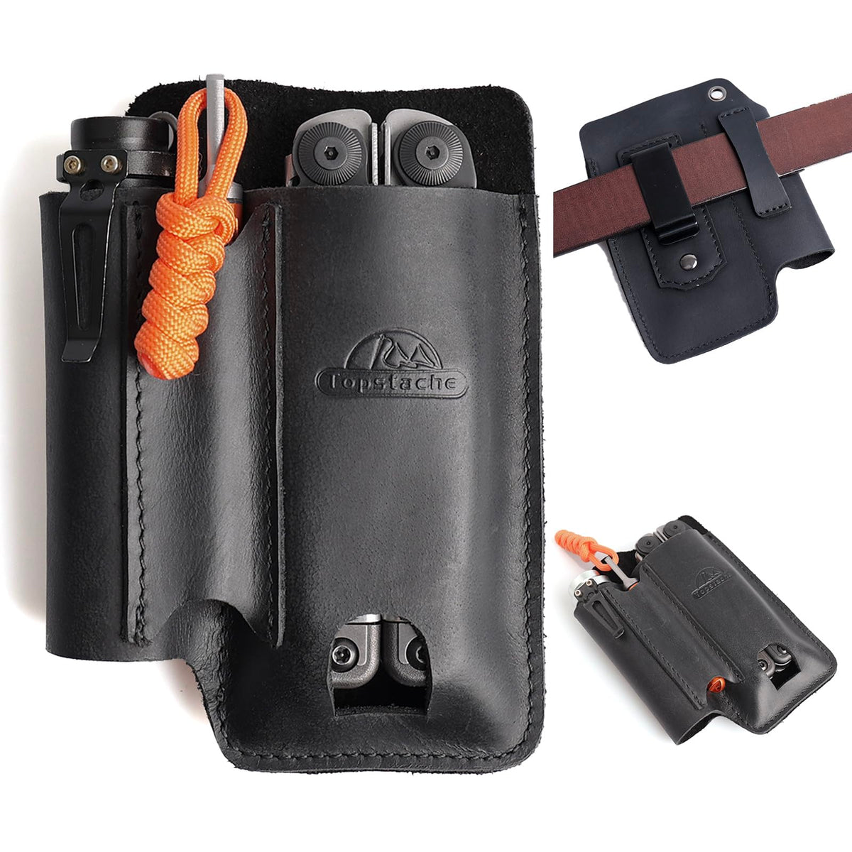 Topstache leather multitool sheath with belt clip keeps tools secure on the belt