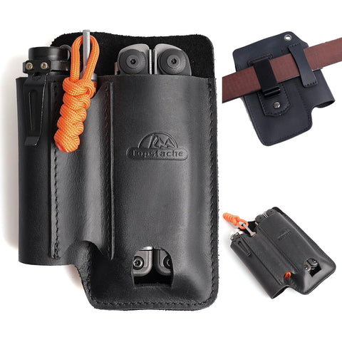 Topstache leather multitool sheath with belt clip keeps tools secure on the belt