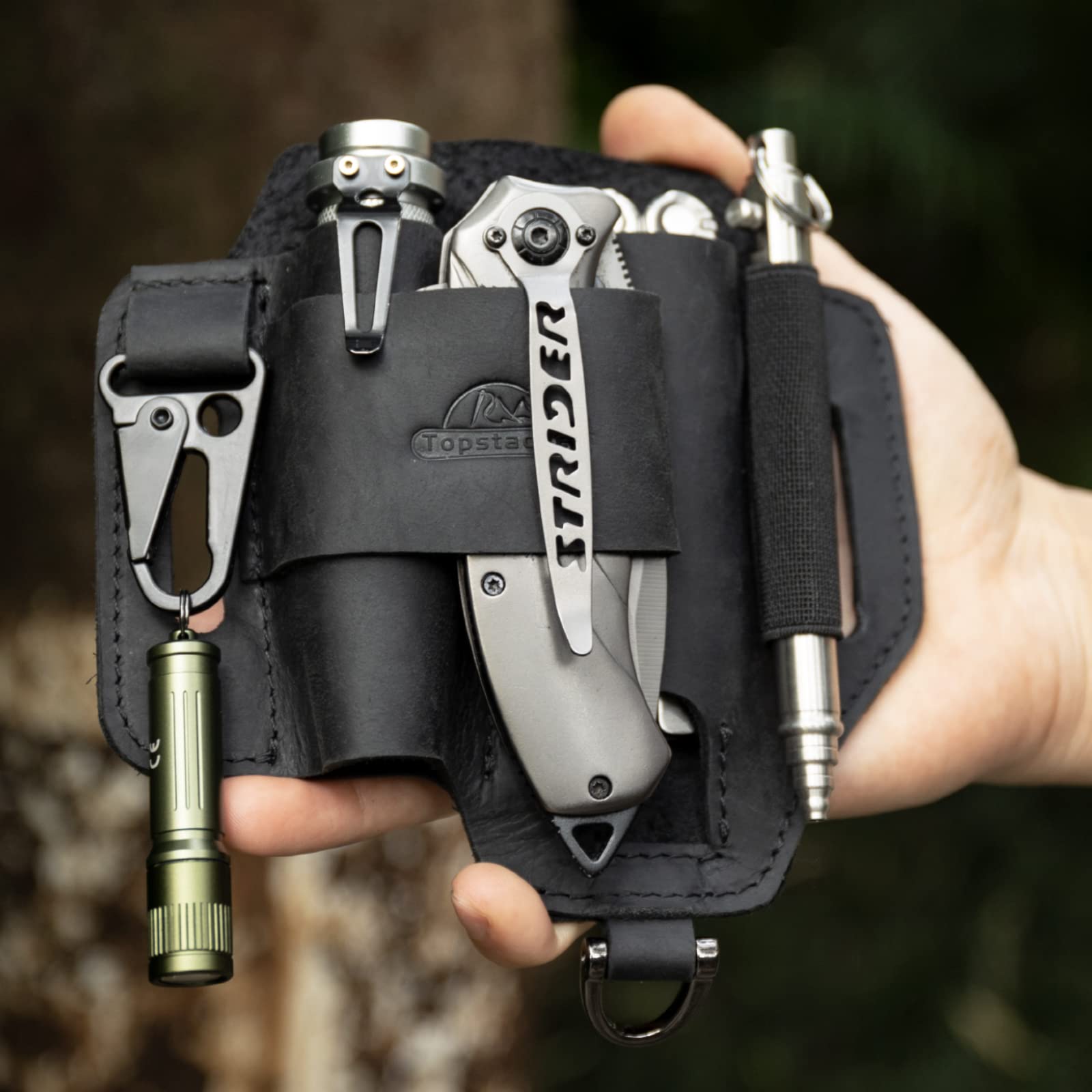 Topstache daily organization with leather sheath supports tidy pockets