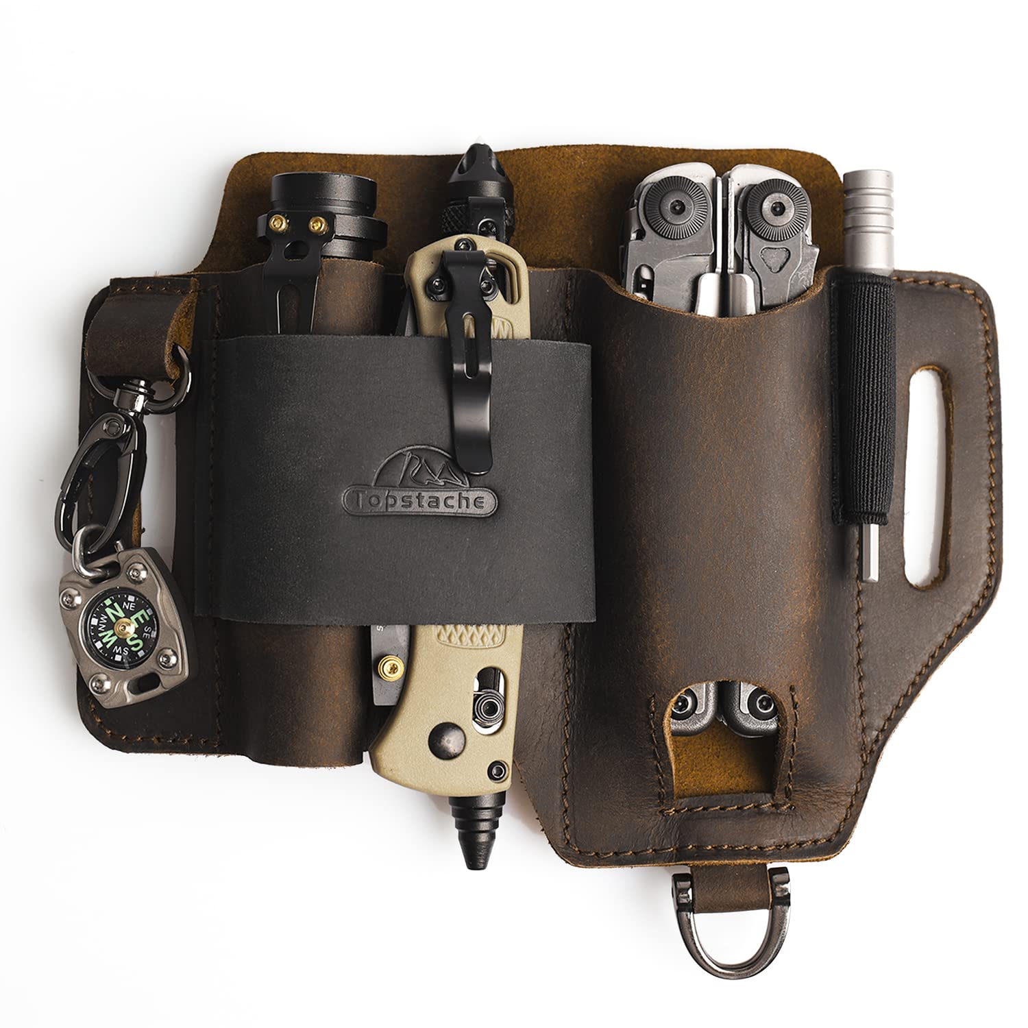 Topstache leather multitool sheath front view for secure daily carry.