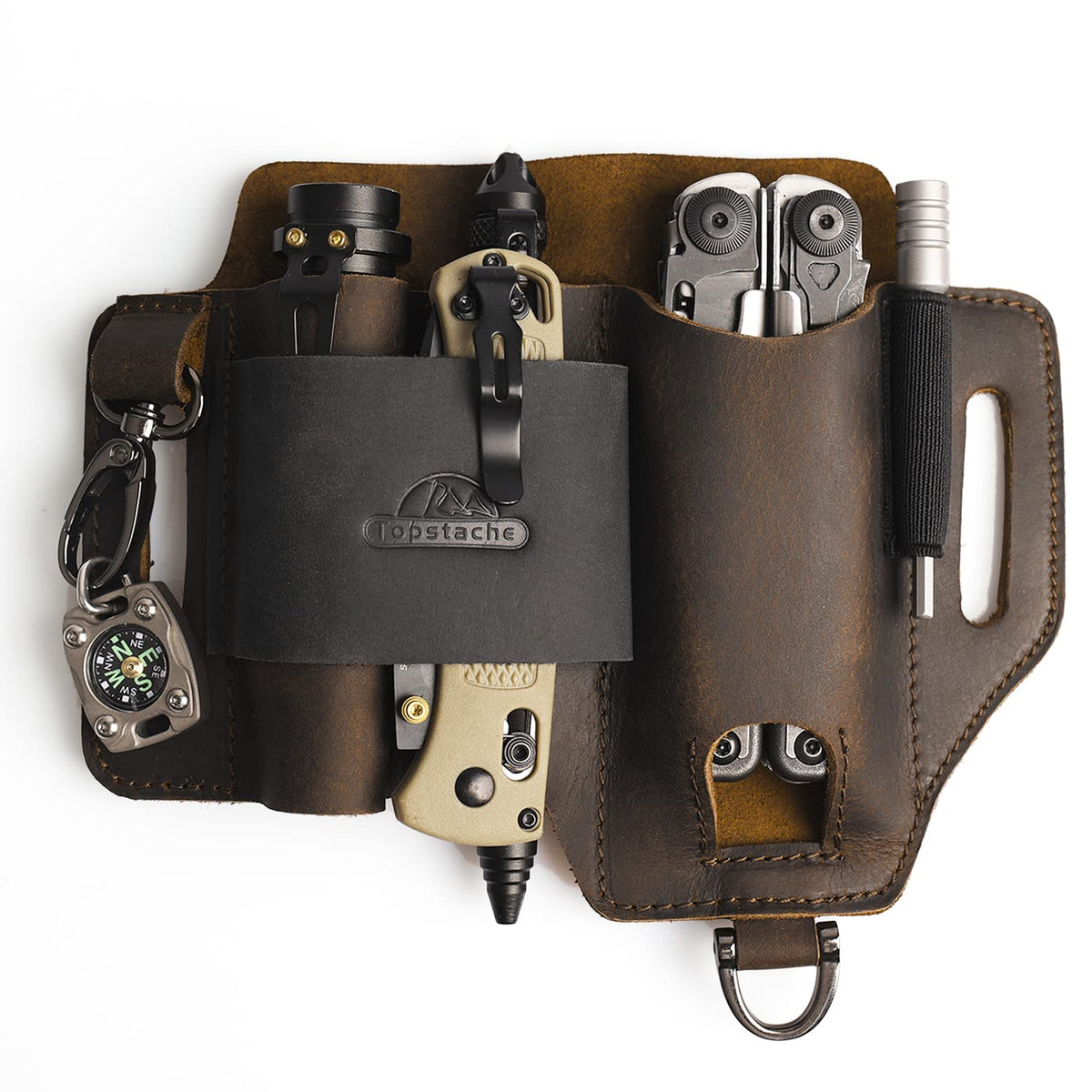 Topstache leather multitool sheath front view for secure daily carry.