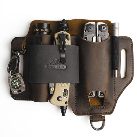 Topstache leather multitool sheath front view for secure daily carry.