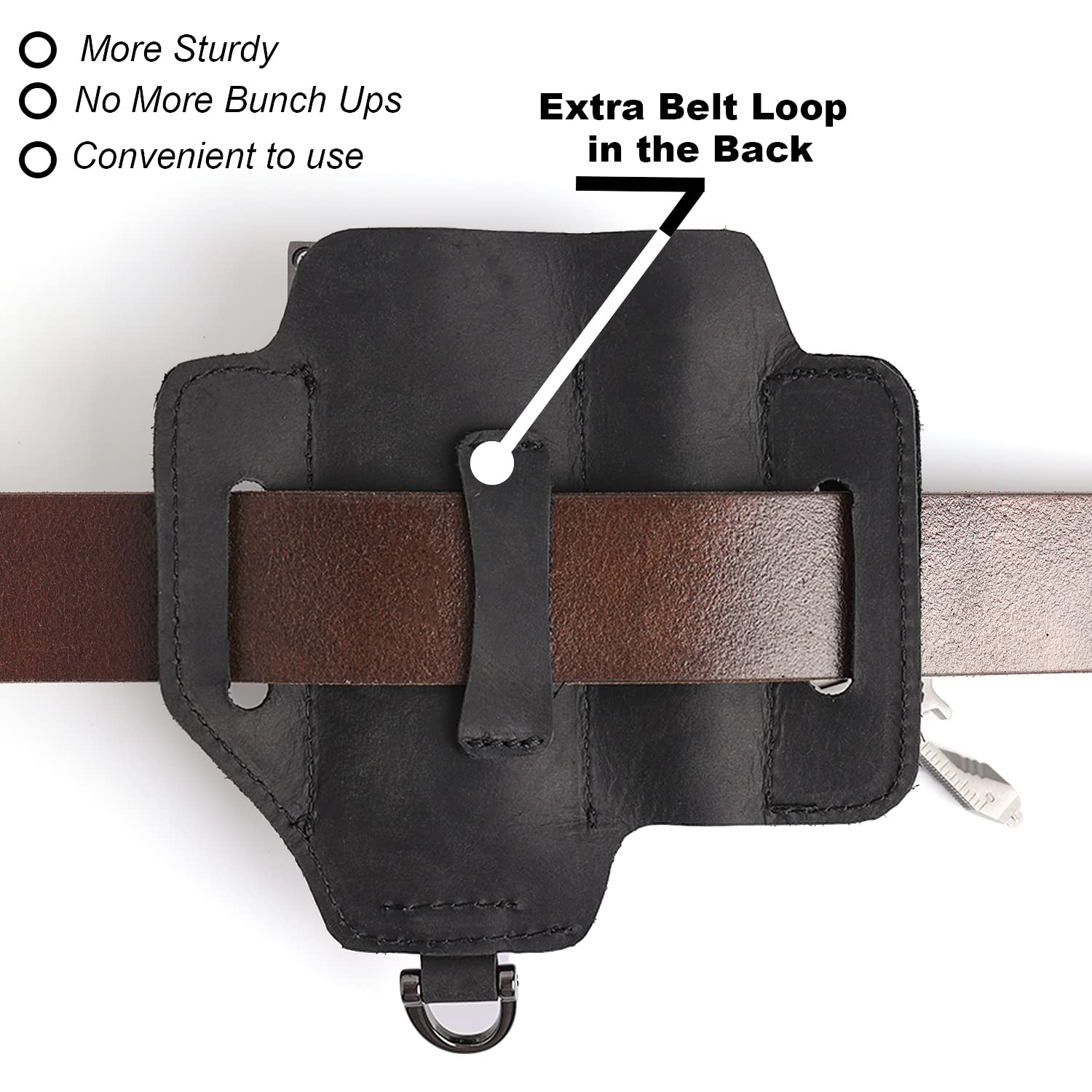 Topstache leather sheath front view shows organized tool pockets