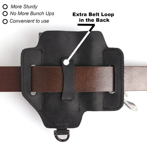 Topstache leather sheath front view shows organized tool pockets