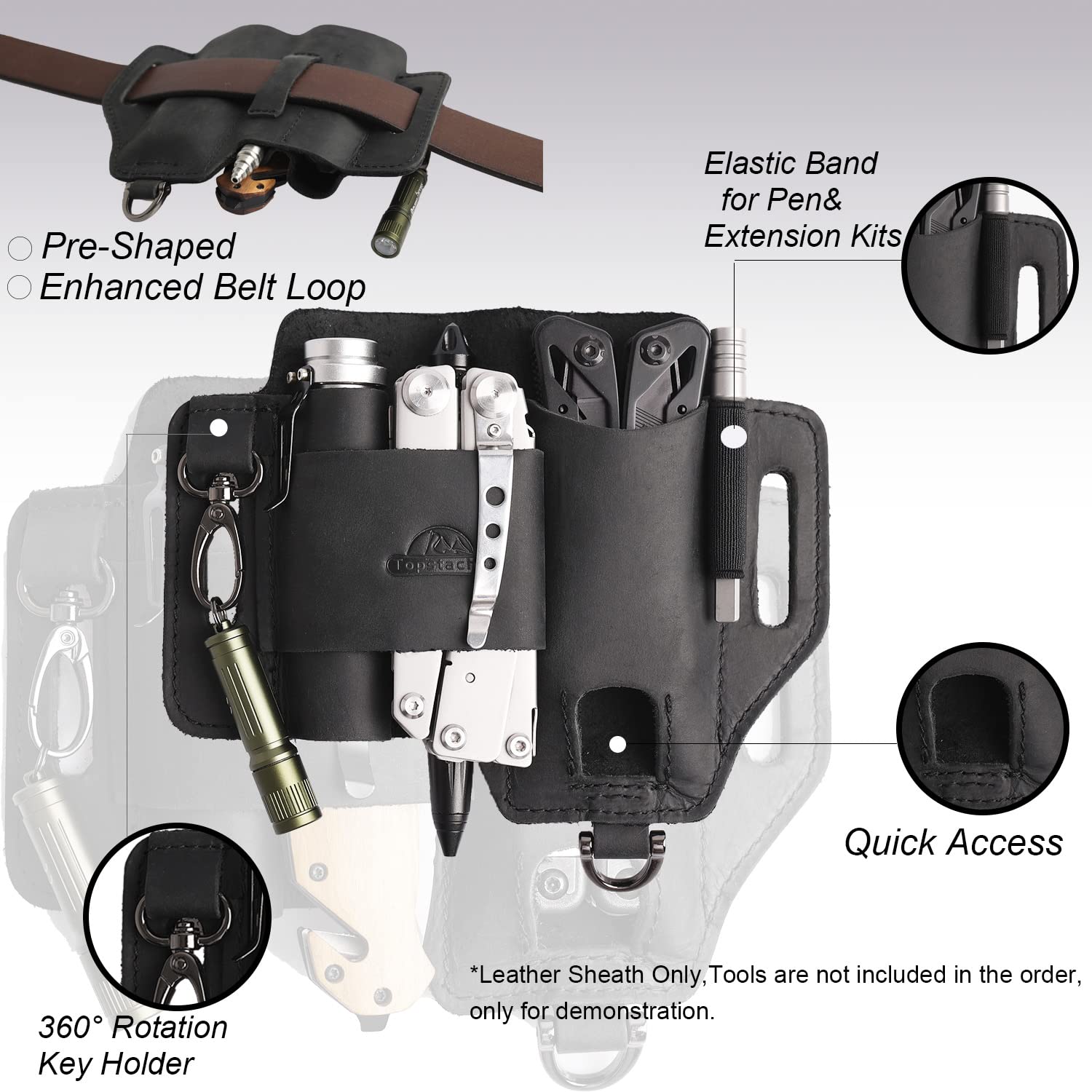 Topstache sheath compatible with Leatherman models for versatile use.