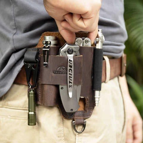 Close-up of Topstache sheath showing pre-shaped knife slot and tool-ready design