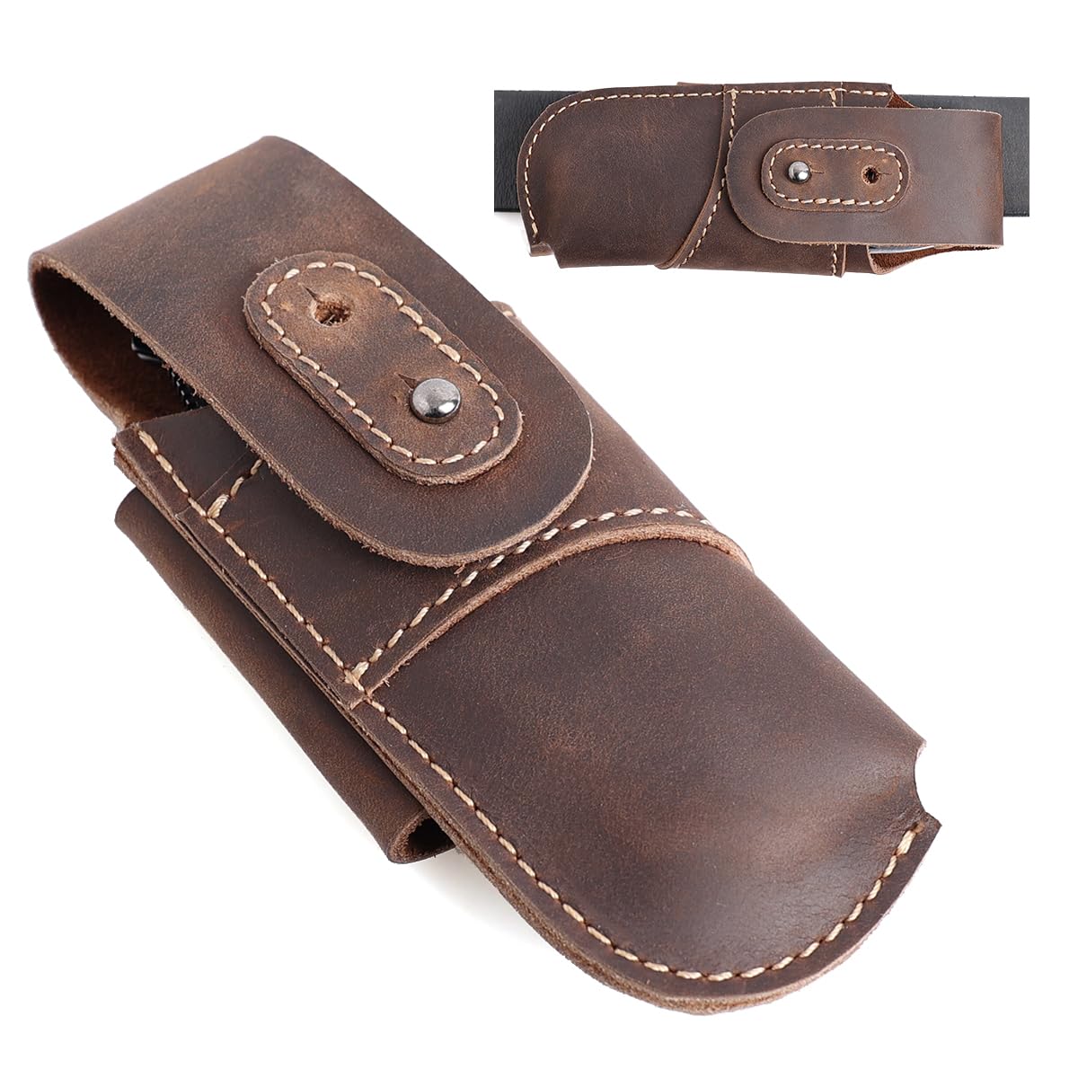 Topstache leather knife sheath close-up showing rich texture and durable finish.