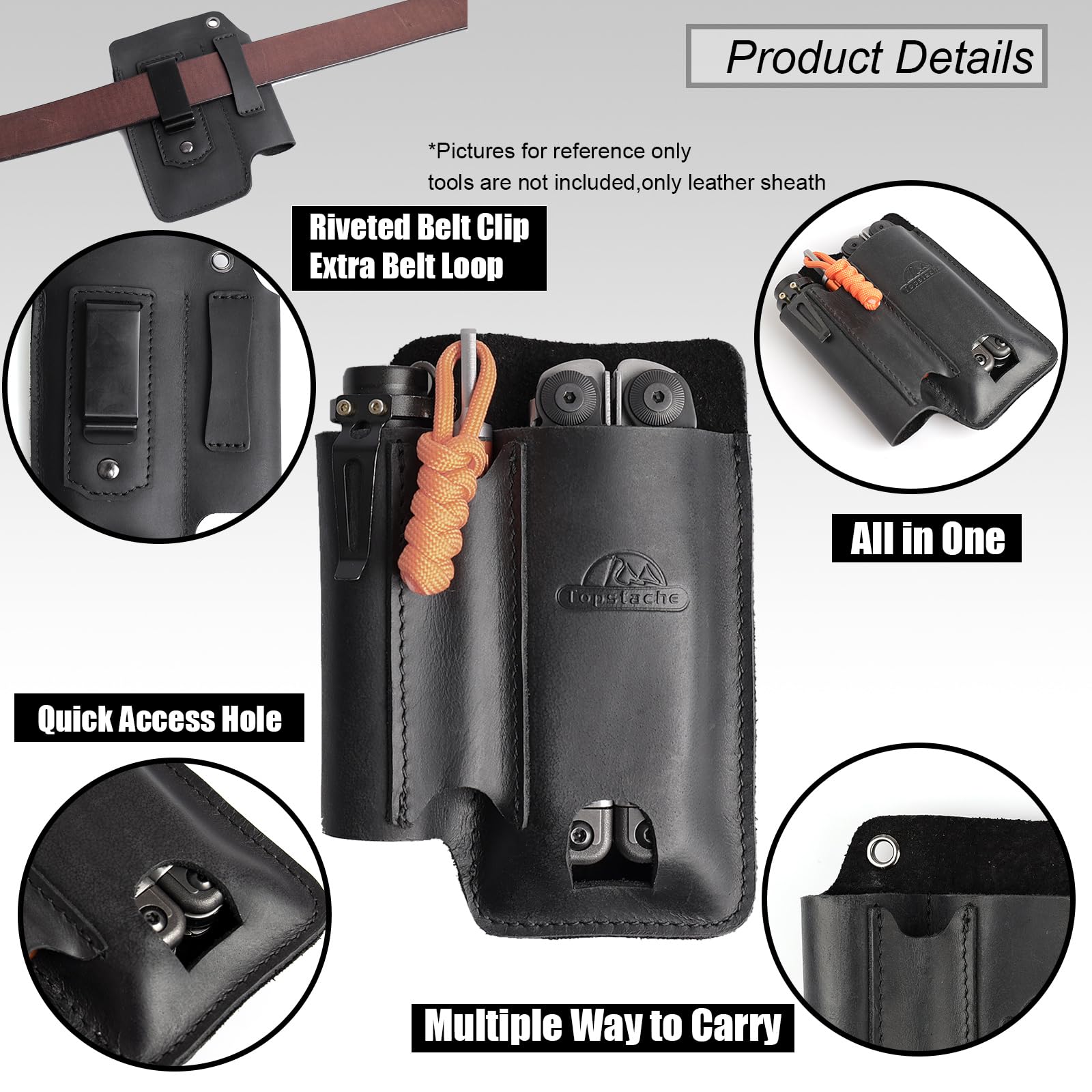 Topstache multitool holster in Crazy Horse leather with durable stitching
