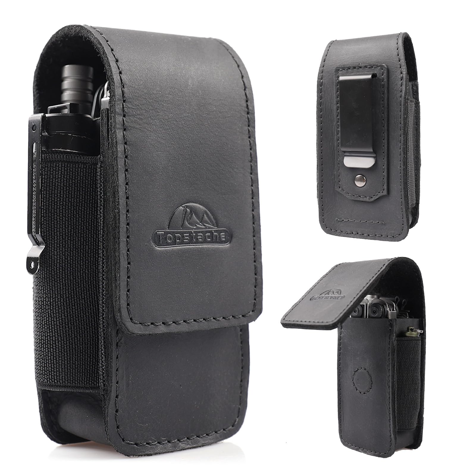 Topstache multitool sheath with belt clip secures tools at the waist for quick access