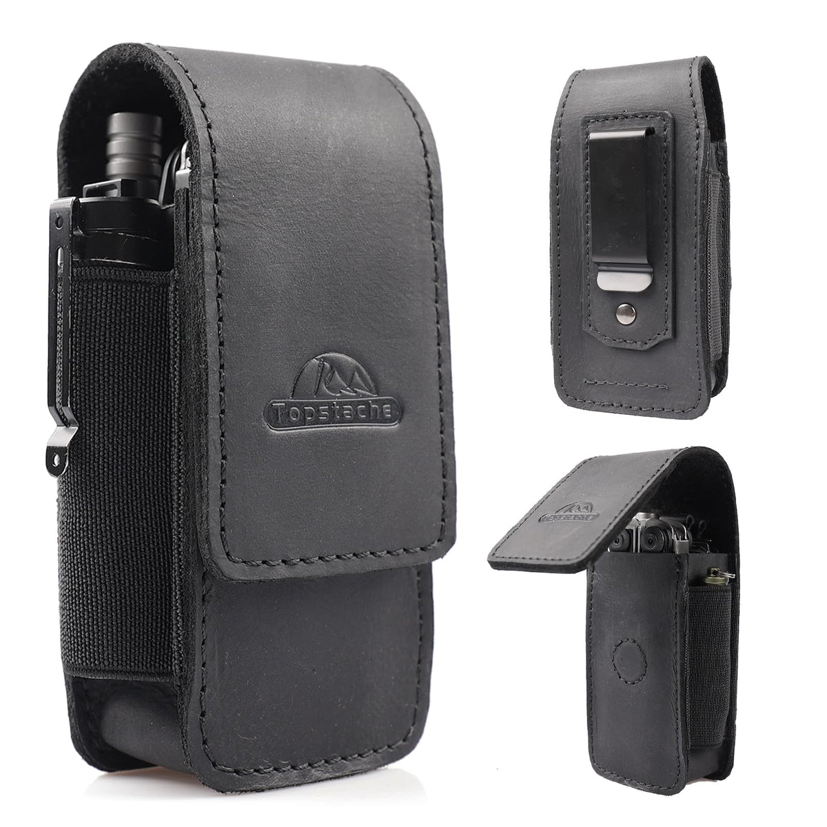 Topstache multitool sheath with belt clip secures tools at the waist for quick access