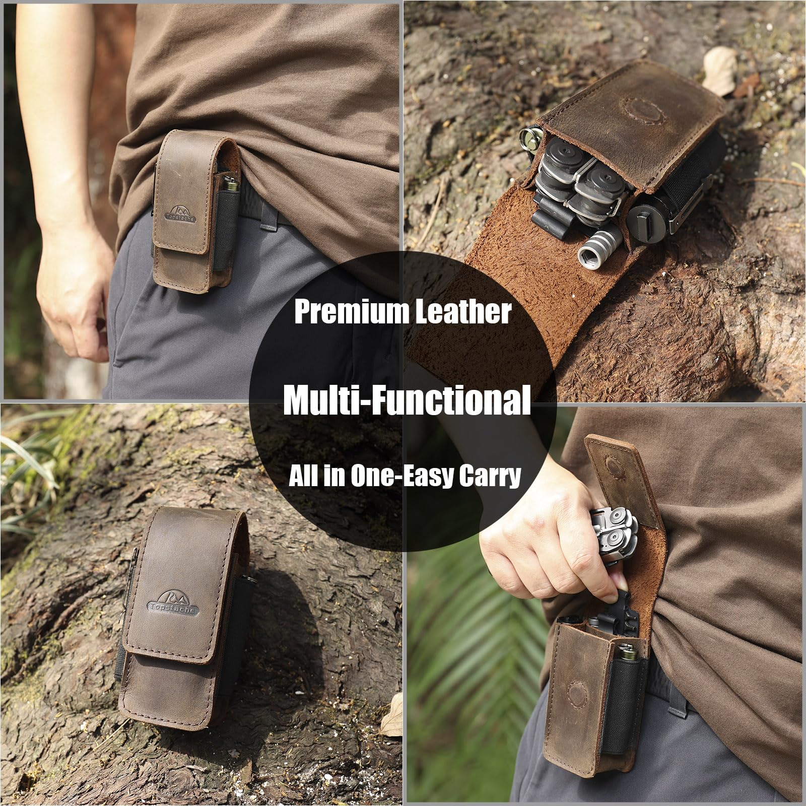 Topstache multitool sheath leather dark brown clip-side shows sturdy belt clip for everyday carry.