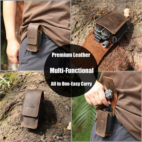 Topstache multitool sheath leather dark brown clip-side shows sturdy belt clip for everyday carry.