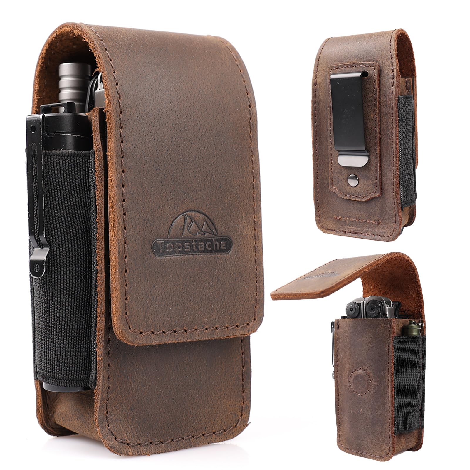 Topstache multitool sheath in dark brown, front view, secure magnetic closure for quick access.