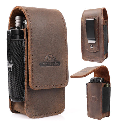 Topstache multitool sheath in dark brown, front view, secure magnetic closure for quick access.