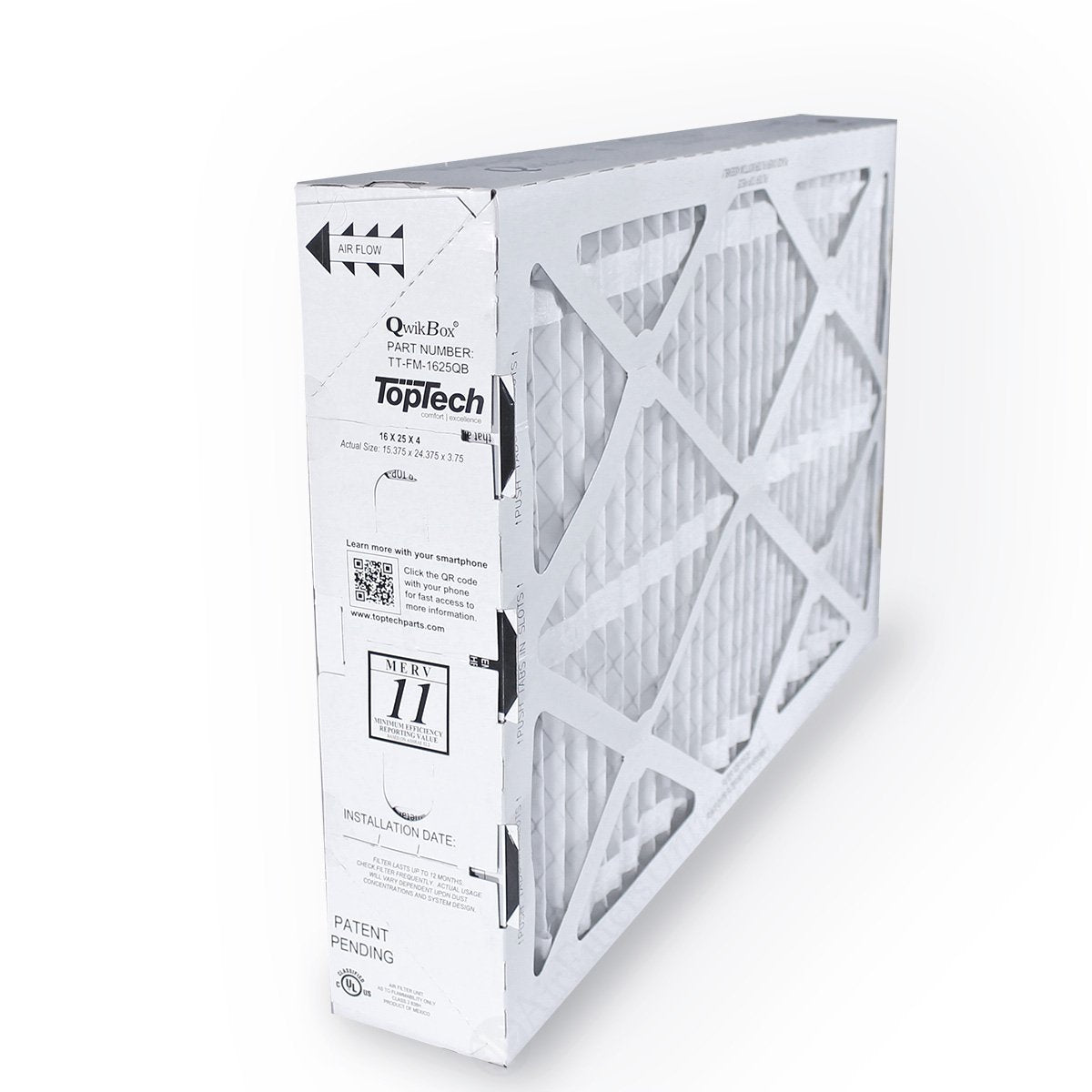 TopTech TechPure TT-FM-1625 filter front view, OEM replacement for TT MAC-1625 air cleaners, efficient filtration.
