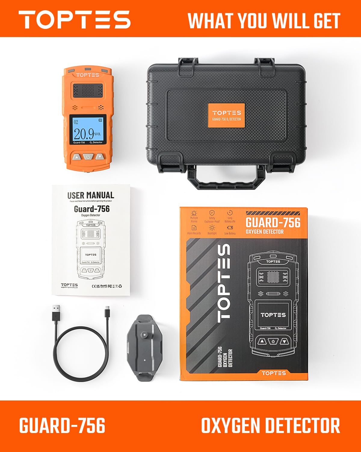 TopTes Guard-756 packaging-contents include detector, charging cable, manual, gas cover, and box.