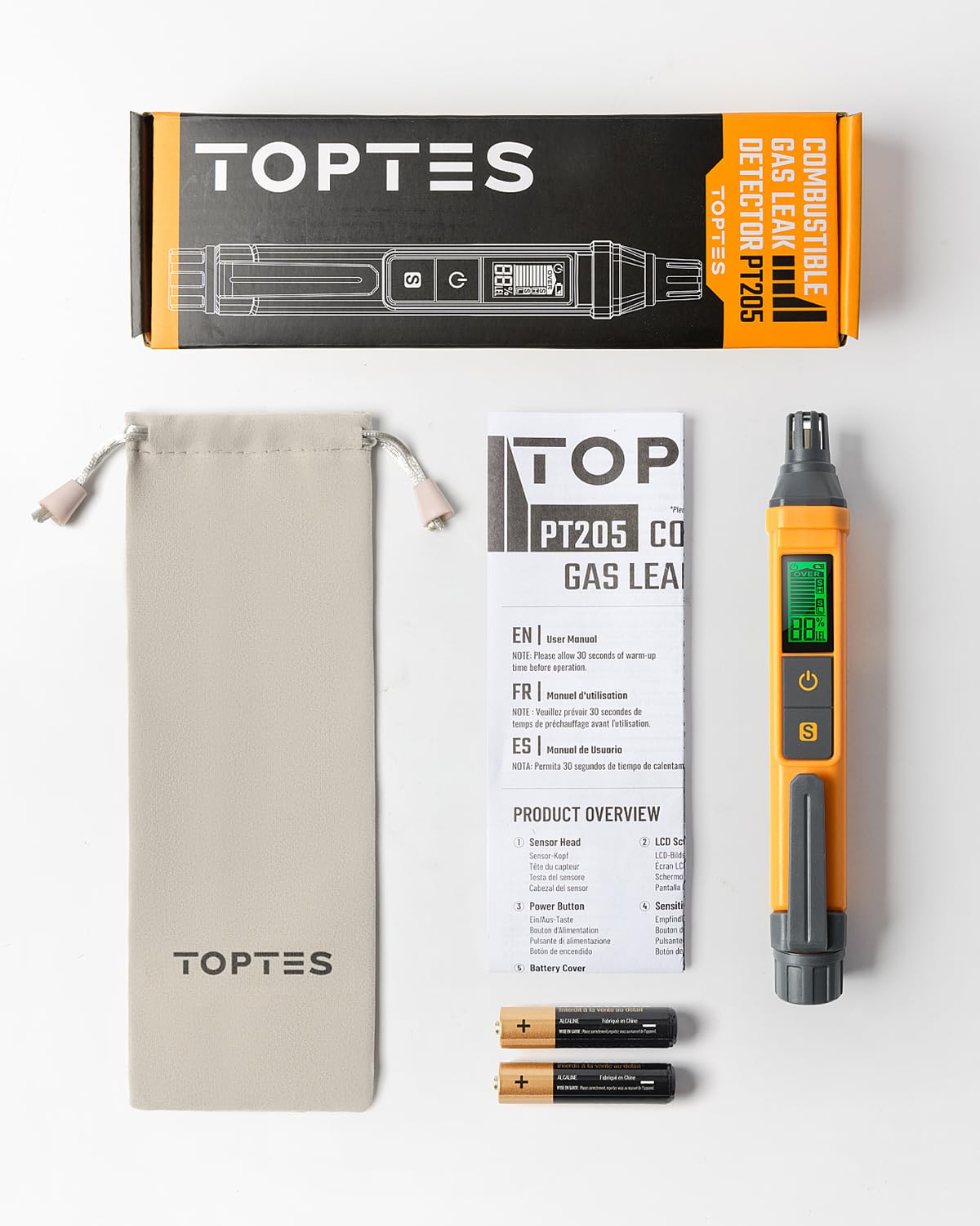 TOPTES PT205 includes two AAA batteries for quick deployment.