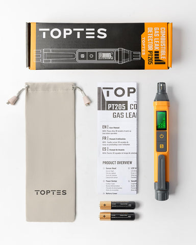 TOPTES PT205 includes two AAA batteries for quick deployment.