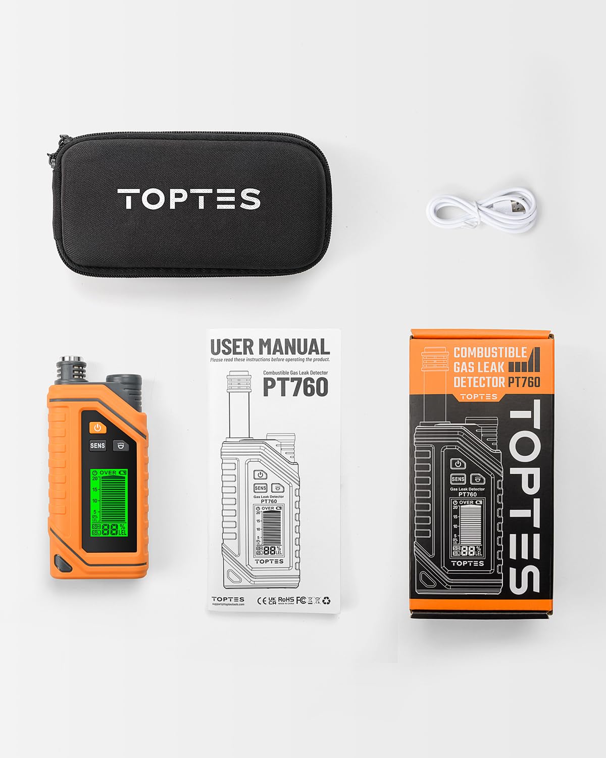 TOPTES PT760 protective case keeps the detector organized.