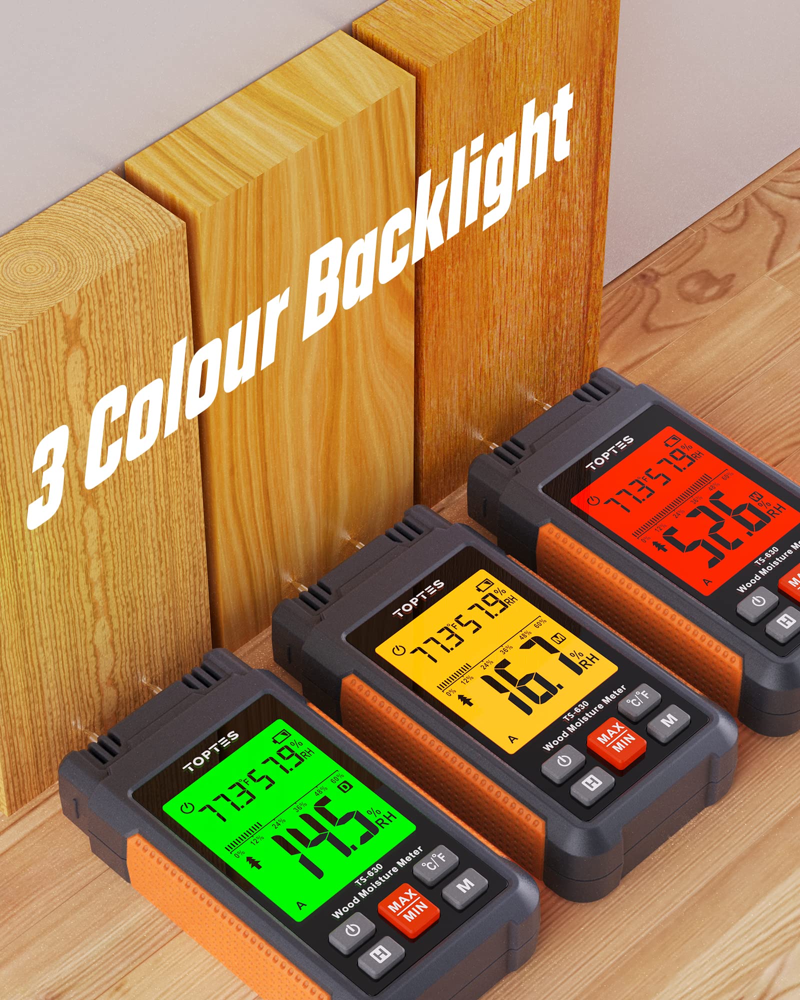 TopTes TS-630 pins inserted into wood for accurate surface moisture testing.