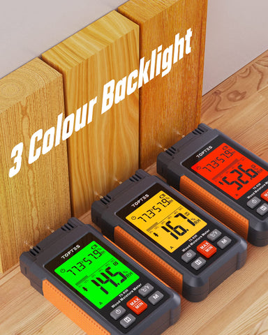 TopTes TS-630 pins inserted into wood for accurate surface moisture testing.