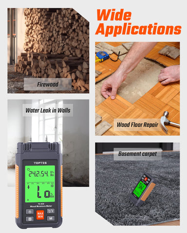 TopTes TS-630 tri-color backlight clearly signals dry, medium, or wet wood.